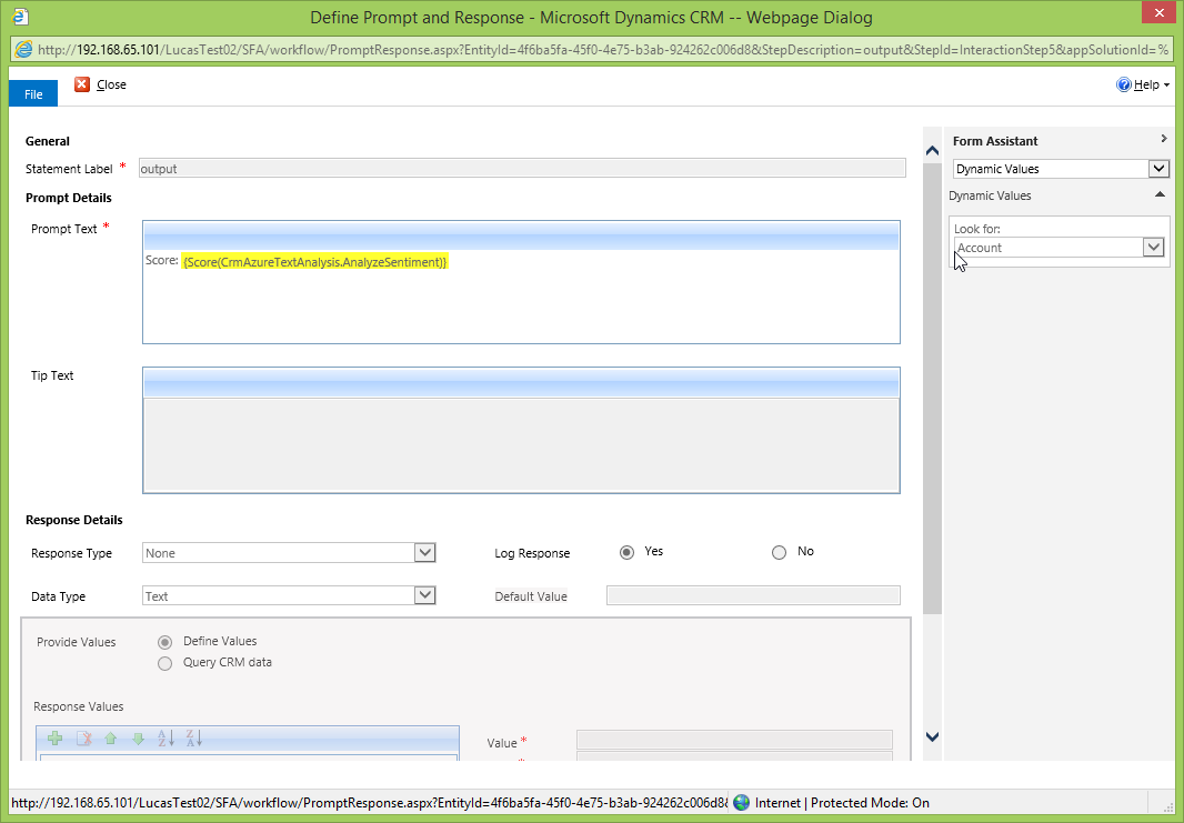 Sample dialog definition - output display