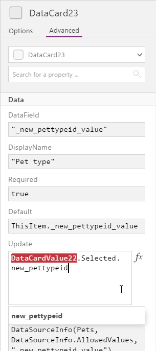 Updated data card properties